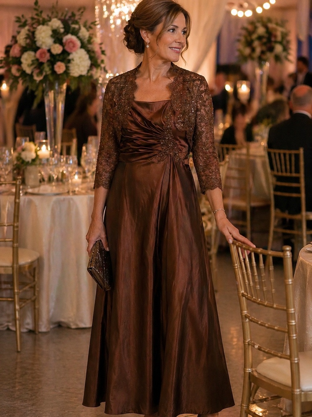 Landa Brown Evening Dress with Lace Bolero | Formal Gown Special Occasion Dress